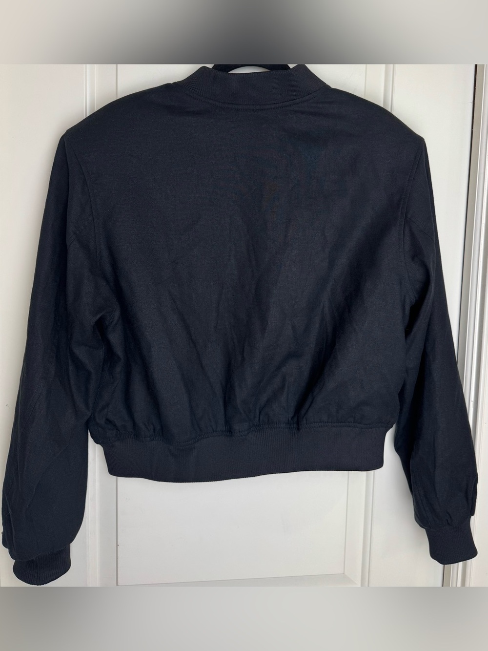 H&M Black Linen Blend Bomber Jacket Shoulder Pads Size L - Picture 3 of 7